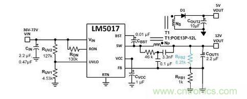 基于 LM5017 的 Fly-Buck 轉換器電路，沒有基于光耦合器的穩壓電路