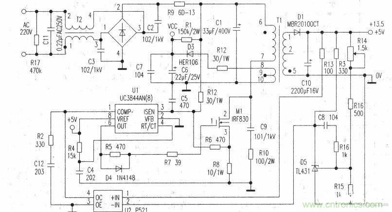 一款應用于電子裝置中的開關(guān)電源電路圖
