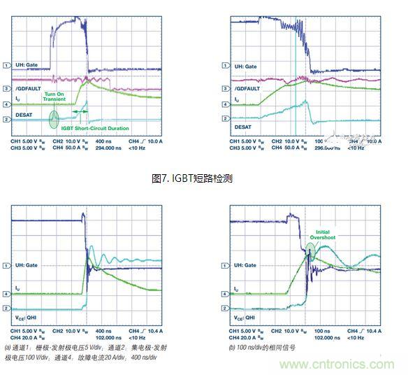 過流關斷時序延遲（通道1：柵極-發射極電壓10 V/div；通道2：來自 控制器的PWM信號5 V/div；通道3：低電平有效跳變信號5 V/div；100 ns/div）