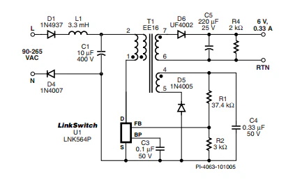 LinkSwitch-LP 系列旨在取代手機/無繩電話、PDA、數(shù)碼相機和便攜式音頻播放器等應(yīng)用中輸出功率 < 2.5 W 的低效線頻線性變壓器電源。LinkSwitch-LP 還可用作白色家電等應(yīng)用中的輔助電源。  LinkSwitch-LP 將高壓功率 MOSFET 開關(guān)與 ON/OFF 控制器集成在一個設(shè)備中。它完全由漏極引腳自供電，具有低 EMI 的抖動開關(guān)頻率，并且具有全面的故障保護(hù)。自動重啟可限制過載和輸出短路條件下的器件和電路耗散，而遲滯過溫保護(hù)會在熱故障期間禁用內(nèi)部 MOSFET。EcoSmart 技術(shù)使設(shè)計能夠輕松實現(xiàn) < 150 mW 的空載功耗，滿足能源效率要求。  LinkSwitch-LP 的設(shè)計目的是在輸出功率低于 2.5 W 時無需初級側(cè)鉗位電路，從而顯著減少組件數(shù)量和總系統(tǒng)成本。圖 1 顯示了基于 LinkSwitch-LP 的 2 W 電源，不帶初級側(cè)鉗位。LinkSwitch-LP 系列經(jīng)過優(yōu)化，當(dāng)變壓器上的輔助或偏置繞組提供反饋時，可提供近似的 CV/CC 輸出特性。這非常適合取代工頻變壓器的應(yīng)用，提供兼容的輸出特性，但過載、短路電流和輸入線電壓變化較小。  　  在無鉗位設(shè)計中使用 LinkSwitch-LP 的基本電路原理圖。  快速開始  　 LinkSwitch-LP 反激式設(shè)計流程圖