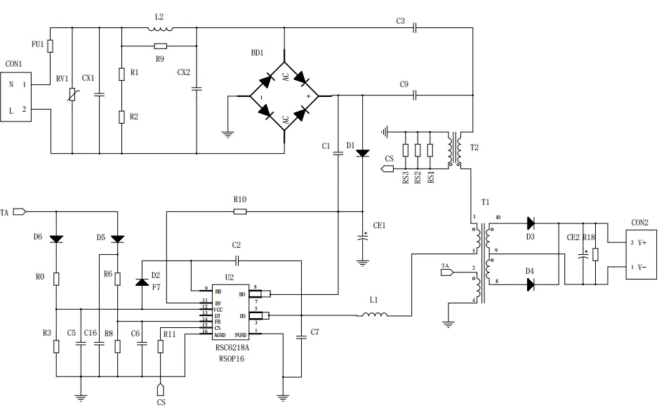 一、LED驅(qū)動模塊RSC6218A REASUNOS(瑞森半導(dǎo)體)通過持續(xù)投入研發(fā)，提升LLC應(yīng)用技術(shù)，集成控制芯片與功率轉(zhuǎn)換，成功推出新一代產(chǎn)品RSC6218A WSOP-16，延續(xù)瑞森LLC拓撲方案，時機趨勢完全迎合我國雙碳政策，電氣特性契合新版國標GB/T 17625.1-2022和歐盟新版ERP認證EU2019/2020雙重法規(guī)，專為中小功率的產(chǎn)品提供優(yōu)秀的方案；接下來會分幾個篇章持續(xù)介紹新方案產(chǎn)品的應(yīng)用資料和設(shè)計實例分享：  RSC6218A功率模塊內(nèi)部集成CS-CP-LLC電源半橋模塊和功率轉(zhuǎn)換模塊，延續(xù)瑞森主題設(shè)計方向單級實現(xiàn)高PF無頻閃技術(shù)和LLC諧振軟開關(guān)技術(shù)方案：該型號適用于5-18W功率段；具備高轉(zhuǎn)換效率(90%+)，高PF(>0.96)，低THD(<10%)，小型化(縮小PCB面積10-25%)，通過優(yōu)化產(chǎn)品內(nèi)部設(shè)計提升產(chǎn)品內(nèi)部功率器件的開啟與關(guān)閉性能，避免干擾發(fā)生，最高工作頻率達200KHZ，實現(xiàn)WSOP-16封裝兼顧散熱與小型化；并且內(nèi)部可自動設(shè)置死區(qū)時間，讓方案可靠易設(shè)計。 產(chǎn)品可廣泛應(yīng)用于： 1.護眼系列燈具：如教室燈、辦公燈、護眼臺燈、壁燈、閱覽室燈等； 2.家居類燈具：如客廳燈、臥室燈、兒童房燈、廚房燈、走廊燈等； 3.軌道類燈具：地鐵照明、高鐵照明、隧道照明、車站照明等； 4.商照類燈具：筒燈、射燈、投射燈、 亮化燈、防爆燈等； 方案起到提供高效，穩(wěn)定，長壽命的作用。 二、產(chǎn)品功能框架  三、IC各PIN腳功能說明  PIN1 PGND 功率地，內(nèi)部是連接低邊MOS的S端地線； PIN2  NC  PIN3  HS 半橋MOS低邊漏極PIN； PIN4  HS 半橋MOS低邊漏極PIN； PIN5  HS 半橋MOS高邊源極PIN； PIN6  HS 半橋MOS高邊源極PIN； PIN7  NC  PIN8  HO 半橋MO高邊漏極； PIN9  HO 半橋MOS高邊漏極； PIN10 HB 半橋驅(qū)動高邊電源，通過外置的一個二極管與電容組成自舉回路，為高邊 MOS 的開啟提供電平； PIN11 VIN 高壓啟動的輸入腳，最高耐壓可達DC600V，啟動電流在1.7mA，一般應(yīng)用是從高壓電解處串接一個1206100K電阻引到PIN1，在整個環(huán)路還未建立起來時，是靠這個引腳的供電通過內(nèi)部連接到PIN6VCC，然后把VCC電容慢慢充電到芯片的啟動電壓后，芯片開始工作。整個環(huán)路建立起來后，VIN腳內(nèi)部關(guān)斷，VCC 通過外部變壓器輔助繞組供電維持正常工作； PIN12  VCC 信號電源引腳， 工作電壓范圍 8-20V，工作電流在 0.8mA，靜態(tài)工作電流是 720uA； PIN13  NC DT懸空腳； PIN14 FB  電壓反饋輸入，VFB中心值是1.2V，該引腳的功能主要是限定空載電壓的最大幅度，該芯片空載保護屬于打嗝模式，可以有效降低空載損耗，能效要求輕松符合小于0.5W的要求； PIN15  CS 電流采樣正弦波信號輸入該PIN腳是通過線路中的互感電感采樣得到全波的正弦波信號， 通過電阻轉(zhuǎn)換為電壓信號后，輸入到CS PIN腳， 內(nèi)部連接到壓控振蕩器，根據(jù)輸入進來的電壓幅值大小，以及正弦波的頻率，壓控振蕩器輸出對應(yīng)的方波來控制LG與HG端的MOS開關(guān)頻率，實現(xiàn)恒流調(diào)節(jié)控制； PIN16  AGND 信號地參考電平，主要連接 VCC，F(xiàn)B 對應(yīng) PIN 腳的元件地線。 四、關(guān)鍵PIN腳參數(shù)設(shè)定范圍  五、典型應(yīng)用原理圖  關(guān)注瑞森半導(dǎo)體公眾號，接下來持續(xù)分享具體案例的設(shè)計參考文檔，攜手各伙伴們實現(xiàn)新版國標GB/T17625.1-2022的順利達標，為工程師縮短開發(fā)周期，讓工廠端得到滿意的產(chǎn)品，給客戶一個滿意的答卷，得到需要的利潤空間。